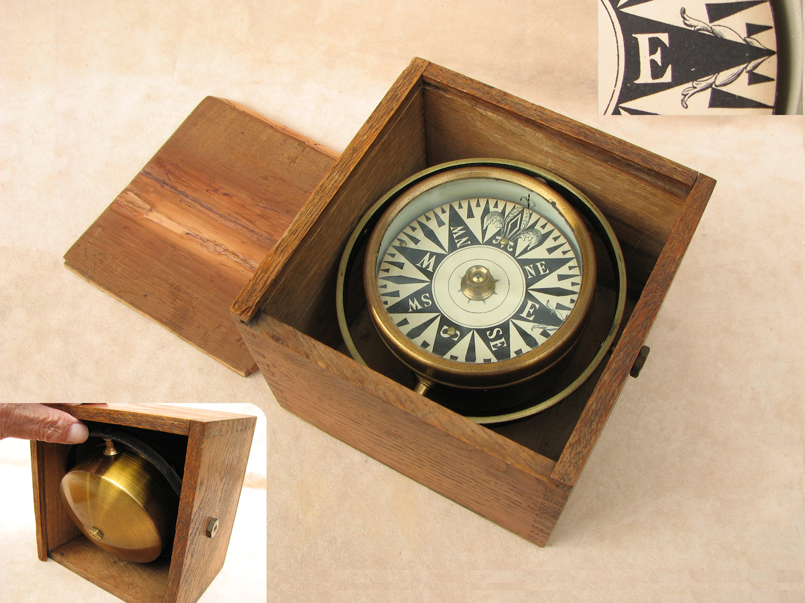 Mid 19th century Mariners small gimbaled boat compass in oak box